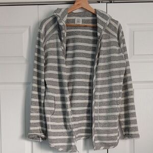 Women's Gray and White Striped Zip-Up Sweater, Medium